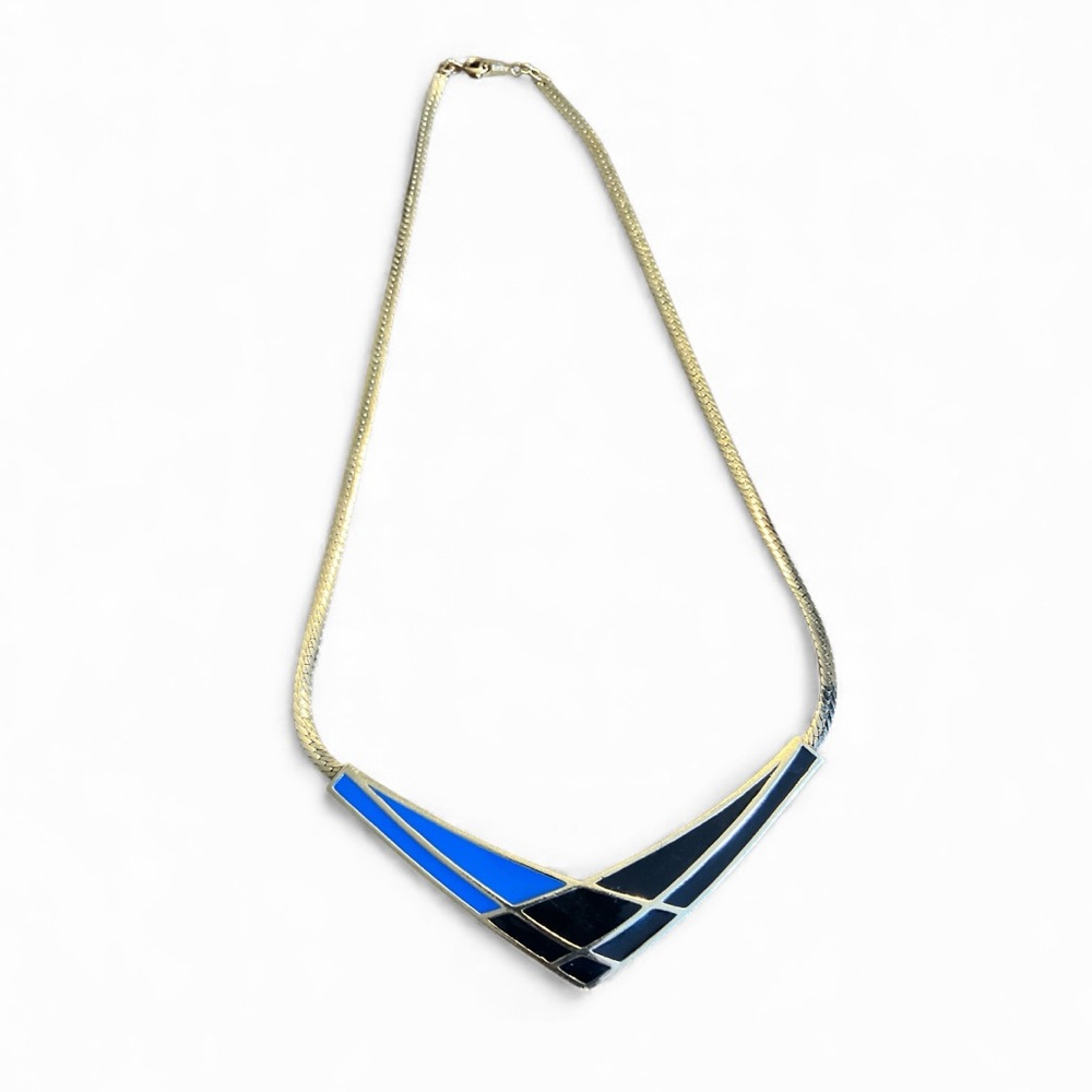 Vintage 80s Avon Blue Black Enamel Delta V 18” Gold Tone Necklace Modernist Geo